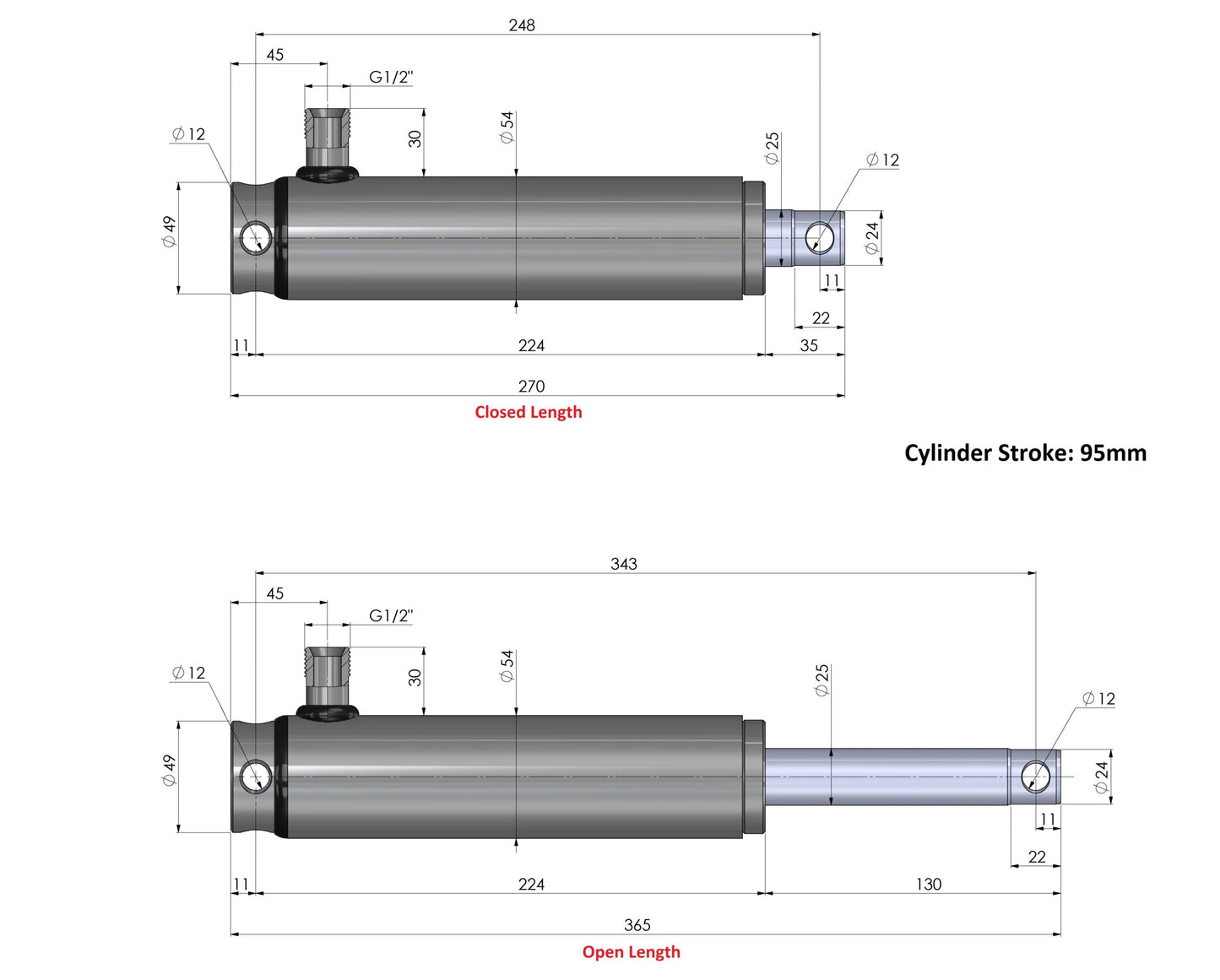 Hydraulic Trailer Brake Cylinder Internal Spring Stroke 95mm Tractor / Agricultural