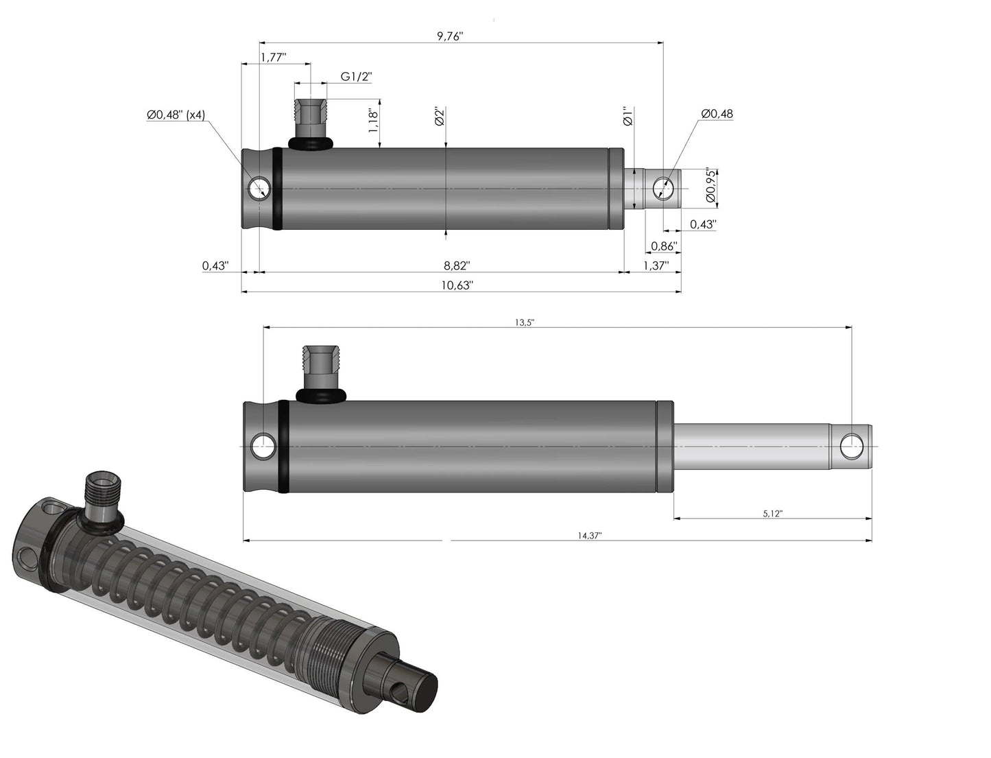 Hydraulic Trailer Brake Cylinder Internal Spring Stroke 95mm Tractor / Agricultural