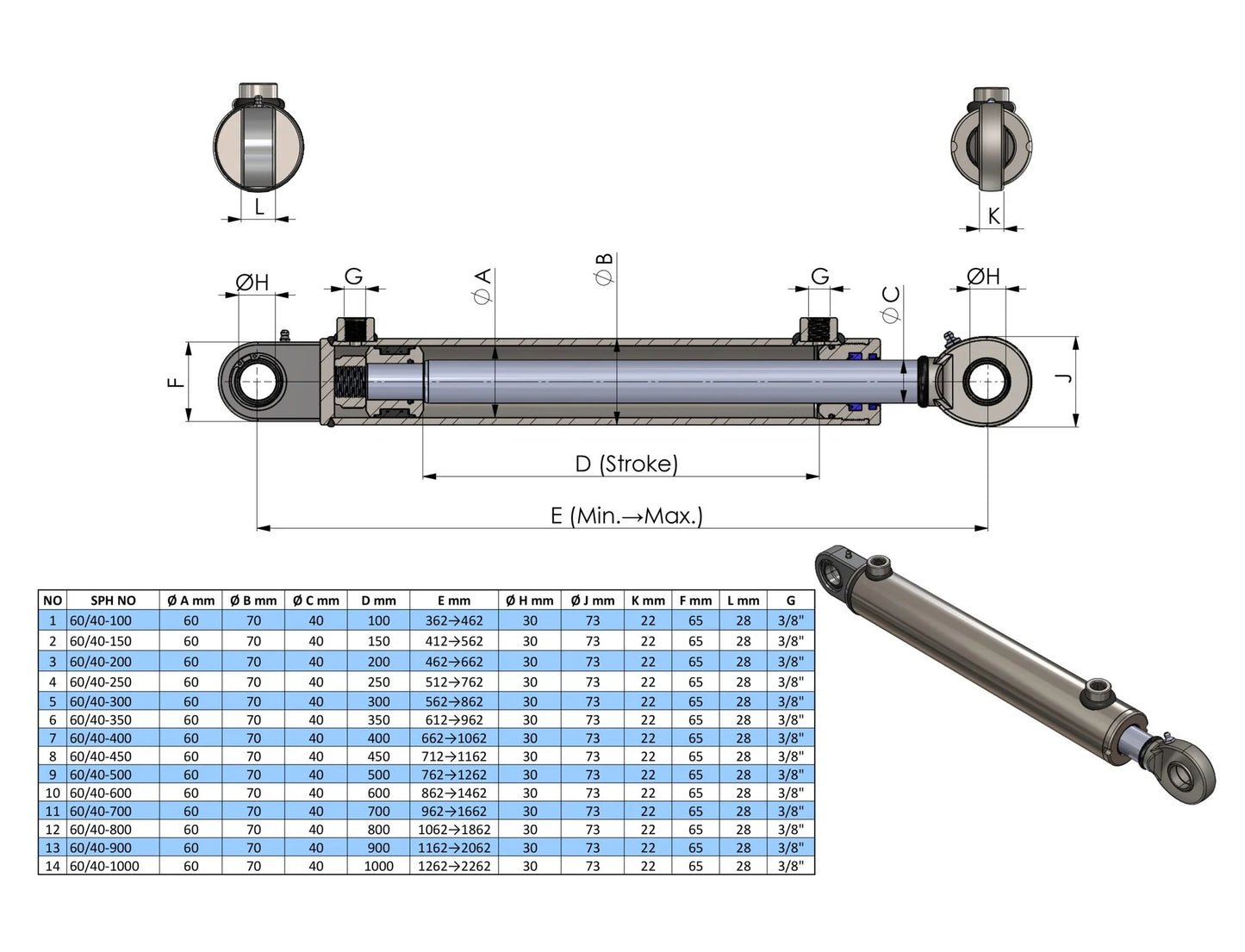 Double Acting Hydraulic Cylinder With Industrial Ball Joints (different variants)