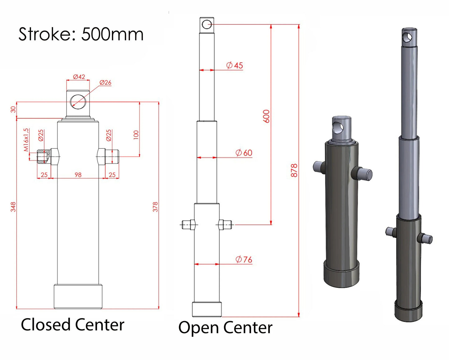 Hydraulic Telescopic Cylinder - Stroke 500-620-820 (Differtent Variants)